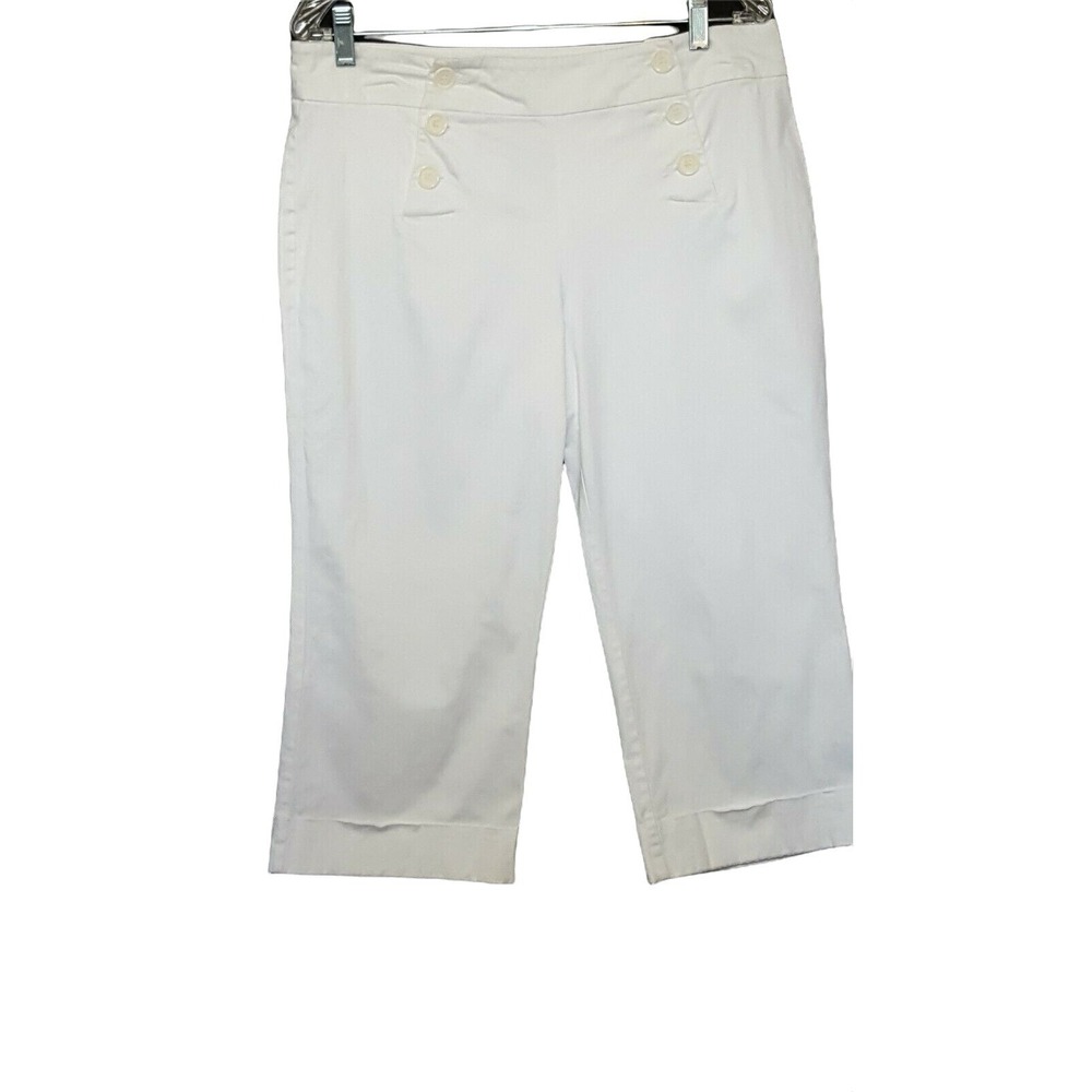 New York & Company Womens Size 12 Capri White Mid Rise Flat Front Stretch Button